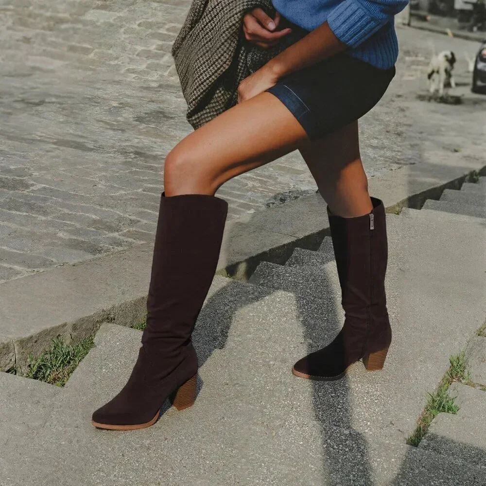 🆕Womens Suede Chocolate Side Zipper Knee High Pointed Toe Chunky Heel Tall Boot